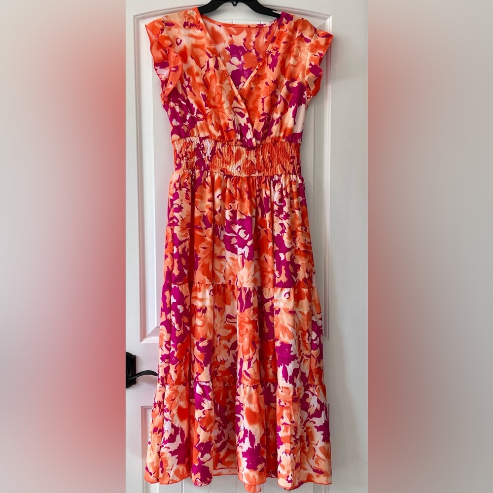 Women's Orange & Fuchsia Floral Maxi Dress with Shirred Waist